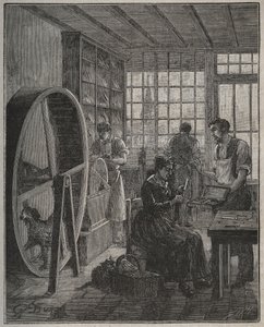متير وحرفي: متجر أدوات مائدة في المقاطعة في القرن التاسع عشر. نقش من عام 1885 في "" Les Arts et metiers Illustres "" لأدولف بيتارد. بواسطة المدرسة الفرنسية
