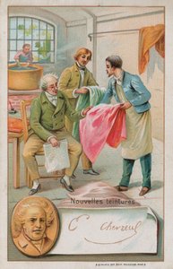 ميشيل يوجين شيفرول ، الكيميائي الفرنسي (1786-1889) ، يتفقد بعض الأصباغ الجديدة بواسطة المدرسة الفرنسية
