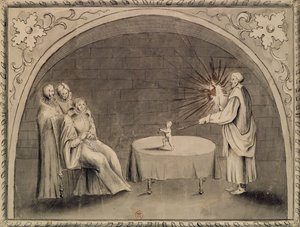 ميشيل دي نوسترادام (1503-66) وكاثرين دي ميديشي (1519-89) 1559 (قلم وحبر وغسل على ورق) بواسطة المدرسة الفرنسية
