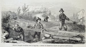 Miners (gold seekers) french working with the long tom - in “” Tour du monde”” بواسطة المدرسة الفرنسية