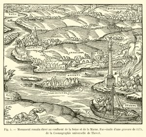 نصب تذكاري روماني مرتفع عند التقاء نهر السين والمارن ، فاكس نقش من عام 1575 ، من علم الكون العالمي في Thevet بواسطة المدرسة الفرنسية