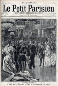 احتفالات موسكو: القيصر الروسي نيكولاس الثاني (1868-1918) وتسارينا ألكسندرا فيودوروفنا رومانوفا (1872-1918) في كرة السفارة الفرنسية ، في "Le Petit Parisien" بواسطة المدرسة الفرنسية