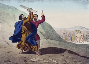 موسى يكسر ألواح القانون وعشق العجل الذهبي ، رسم توضيحي من التعليم المسيحي LHistoire Sainte ، نشره تشارلز ديلاجراف ، باريس ، أواخر القرن التاسع عشر بواسطة المدرسة الفرنسية