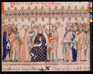 Ms.1469 f.1 تكريس ملك فيليب الثالث لو هاردي (1245-85) ملك فرنسا ، من Grandes Chroniques de France ، 1375-79 بواسطة المدرسة الفرنسية