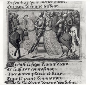Ms.Fr.5054 fol.26 r Charles VII (1403-61) and Joan of Arc at the Siege of Dreux، from Les Vigiles de Charles VII by Martial dAuvergne or de Paris (1430-1508) 1484 بواسطة المدرسة الفرنسية