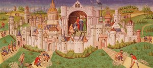 السيدة 0242 f.48v منظر لمدينة فيها عمال يمهدون الطرق المؤدية إلى بوابات المدينة بالحجارة بينما يقف الملك في حجرة يمليها اثنان من الكتبة بواسطة المدرسة الفرنسية