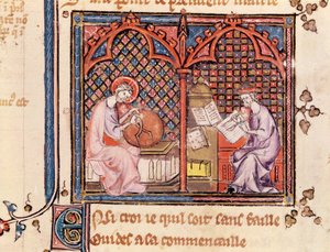 السيدة 1044 Fol.16v الكلمة ، خالق العالم والمؤلف يكتب كتابه ، من Ovide Moralise بقلم كريتيان ليجوايس بواسطة المدرسة الفرنسية