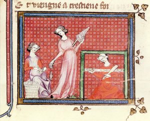 Ms 1044 fol.101 المرأة القوية في الكتاب المقدس التي تدور مع خدامها ، من Ovide Moralise بقلم كريتيان ليجوايس بواسطة المدرسة الفرنسية