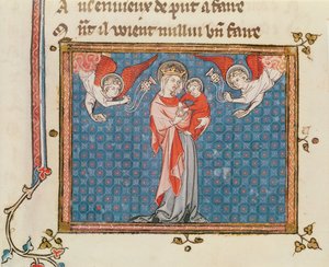 السيدة 1044 fol.68v العذراء والطفل مع مبخرة الملائكة ، من Ovide Moralise كتبها Chretian Legouais بواسطة المدرسة الفرنسية