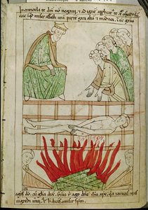 السيدة 108 fol.213 استشهاد القديس لورانس عام 258 بعد الميلاد ، من كتاب مقدس بواسطة المدرسة الفرنسية