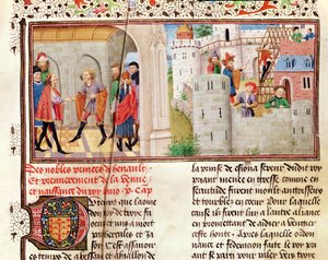 Ms 149 t.1 fol.16 اتفاقية وبناء قلعة ، من هيستوري دي نوبل أمراء دي هينو ، بقلم جاك دي جويز بواسطة المدرسة الفرنسية