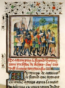 Ms 149 t.1 fol.45 جيش في حملة ، من هيستوار دي نوبليس أمراء دي هينو ، بقلم جاك دي جويز بواسطة المدرسة الفرنسية