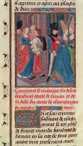 Ms 149 t.3 fol.105 زواج بالدوين السادس وماري ، ابنة كونت الشمبانيا ، من هيستوار دي نوبل برنسيس دي هينو ، بقلم جاك دي جويز بواسطة المدرسة الفرنسية