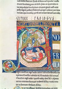 السيدة 1 fol.185v مبدئية أولية مُصوَّر عليها دانيال في عرين الأسود ، من الكتاب المقدس سوفيني بواسطة المدرسة الفرنسية