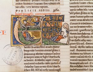 السيدة 21 Fol.163v E الأولي التاريخي الذي يصور أن يُلقى يونان في البحر ، من إنجيل غير محدد