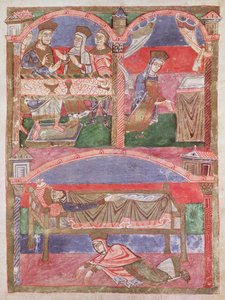 السيدة 250 f.24r St. Radegund (518-87) على مائدة Clothar I (497-561) ، في خطبتها وعند أقدام السرير الملكي ، من حياة St. Radegund بواسطة المدرسة الفرنسية