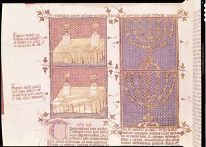 Ms 290 Tome 1 f.89v جدول القرابين والشمعدان ، من Postilles sur la Bible بقلم نيكولاس دي لاير بواسطة المدرسة الفرنسية