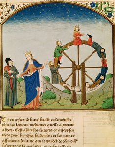 السيدة 3045 fol.22v Boethius مع عجلة الحظ ، من عزاء الفلسفة ، ترجمة جان دي ميونج بواسطة المدرسة الفرنسية