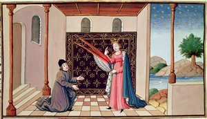 السيدة 3045 fol.68v تقدم فلسفة السيدة إلى Boethius الأجنحة التي ستمكن عقله من الطيران عالياً بواسطة المدرسة الفرنسية