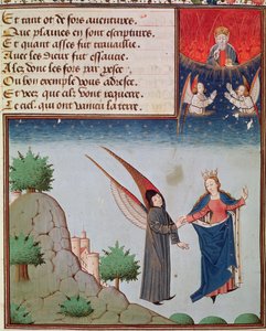 السيدة 3045 fol.94r سيدة الفلسفة تقود Boethius في رحلة إلى السماء على الأجنحة التي أعطته إياها. الله الآب ينظر إليه بالبركة بواسطة المدرسة الفرنسية