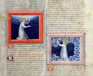 السيدة 313 الله يفصل النور عن الظلمة (على اليسار) ويخلق السند (على اليمين) من الكتاب المقدس des Grands Augustins، 1494 بواسطة المدرسة الفرنسية