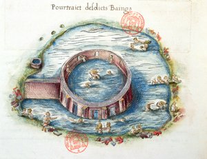 السيدة 3242 حمامات بوربون لانسي ، توضيح من عام وصف du Bourbonnais من نيكولاس دي نيكولاي ، 1569 (مرحاض على ورق) بواسطة المدرسة الفرنسية