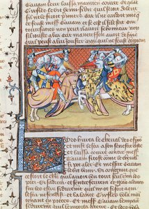 Ms 3479 t.1 fol.539 عندما تتصادم الخيول من Livre de Messire Lancelot du Lac بواسطة المدرسة الفرنسية