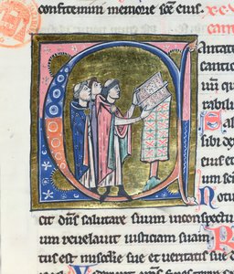 السيدة 36 التاريخية الأولية C تصور راهباً يقرأ رسالة من كتاب مقدس لاتيني بواسطة المدرسة الفرنسية