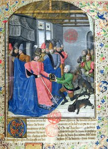 السيدة 3717 هانتسمان تقدم للمؤلف نسخة من أطروحته عن الصيد ، من Livre de la Chasse بقلم Gaston Phebus de Foix (1331-91) بواسطة المدرسة الفرنسية