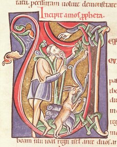 السيدة 3 fol.234v V التاريخي الأولي الذي يصور عاموس ، من الكتاب المقدس de Saint-Sulpice de Bourges بواسطة المدرسة الفرنسية