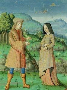 Ms 493 fol.123v اجتماع أينيس وآن ، أخت ديدو ، من آينيد مع تعليق من سيرفيوس ، 1469 بواسطة المدرسة الفرنسية