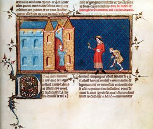 Ms 5080 fol.373r اثنين من مرضى البرص التسول ، من Le Miroir Historical ، بقلم فنسنت دي بوفيز بواسطة المدرسة الفرنسية