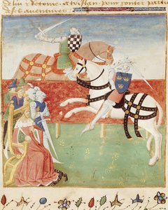 السيدة 527 fol.40v مواجهة فارسين أمام الملك ، من Roman du Saint Graal بواسطة المدرسة الفرنسية