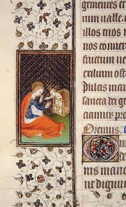 Ms 62 ، f.205v: Virgin and Child ، تفاصيل من كتاب الصلوات الفرنسي ، حوالي 1445-50 (ورق) بواسطة المدرسة الفرنسية