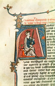 السيدة 682 fol.17v أولية تاريخية A تصور ملكًا جالسًا يحمل سيفًا ذا حدين بواسطة المدرسة الفرنسية