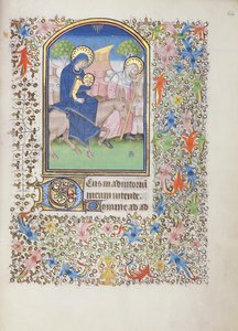 Ms 69 f.64r هروب العائلة المقدسة ، من كتاب ساعات بيسانكون بواسطة المدرسة الفرنسية