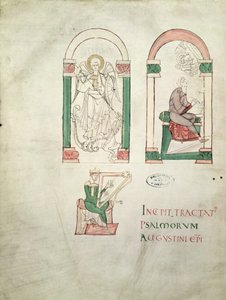 السيدة 76 سانت مايكل ، كتابة القديس أوغسطين ، وسانت ديفيد عزف القيثارة ، صورة من سانت أوغسطين سوبر مزمور بواسطة المدرسة الفرنسية