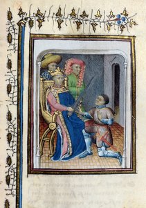 أعادت السيدة 814 تشارلز الخامس (1338-80) سيف كونستابل المرتفع إلى برتراند دو جوسكلين (1320-80) من هيستوار دو دو جوسكلين بعد قصيدة كوفيلييه ، أوائل القرن الخامس عشر بواسطة المدرسة الفرنسية