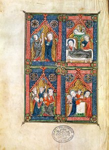 Ms 87 fol.16 البشارة ، المهد ، عبادة المجوس والتنقية ، من ساعات مهاوت درتويس بواسطة المدرسة الفرنسية