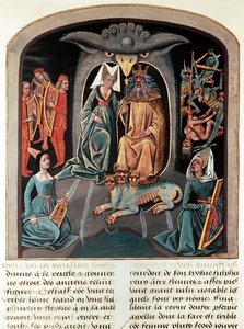 Ms. Fr. 143 f.136v هاديس وبيرسيفوني جالسان في العالم السفلي على عرش على شكل رأس نسر وأمامهما سيربيروس (رق) بواسطة المدرسة الفرنسية