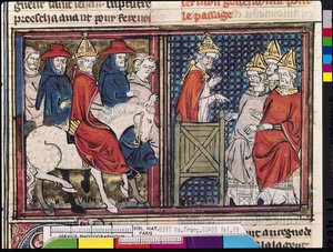 السيدة Fr 22495 Fol.15 مجلس كليرمون ووصول البابا أوربان الثاني (c.1035-99) إلى فرنسا ، من لو رومان دو جودفروي دي بوالون ، 1337 بواسطة المدرسة الفرنسية