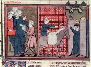 السيدة Fr 22495 Fol.37v رسول يُرسَل لإنقاذ أنطاكية ، من Le Roman de Godefroi de Bouillon ، 1337 بواسطة المدرسة الفرنسية