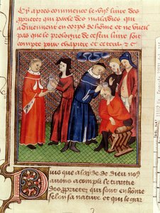 السيدة Fr 22531 Fol.115 فحص البول وشفاء الجروح ، من Le Livre des Proprietes des Choses بواسطة Barthelemy lAnglais ، c.1410-15 بواسطة المدرسة الفرنسية