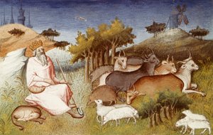 السيدة الأب 2810 ، الملك دور يراقب قطيعه ، منمنمة من "Livre des merveilles du monde" (كتاب عجائب الدنيا) لماركو بولو وروستيشيلو ، حوالي 1410-12 (تمبرا على ورق) بواسطة المدرسة الفرنسية