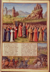 السيدة 5594 ص .138 القديس برنارد (c.1090-1153) من كليرفو يبشر بالحملة الصليبية الثانية بحضور الملك لويس السابع (c.1120-80) من فرنسا في Vezelay عام 1146 ، من Passits faits Outremer بواسطة المدرسة الفرنسية