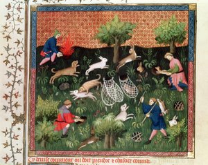 السيدة Fr 616 fol.92 صيد الأرانب ، من ليفر دي لا تشاس بقلم غاستون فيبوس دي فويكس (1331-91) ، أواخر القرن الخامس عشر بواسطة المدرسة الفرنسية