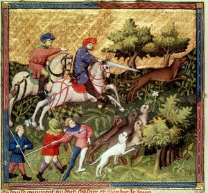السيدة Fr 616 fol.96v Wolf hunt ، من كتاب لـ Gaston Phebus de Foix (1331-91) بواسطة المدرسة الفرنسية