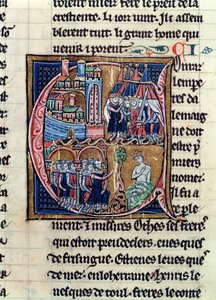 السيدة Fr 9081 fol.206 C مؤرخة أولية تاريخية تصور كونراد الثالث (1137-52) إمبراطور ألمانيا ولويس السابع (1120-1180) ملك فرنسا ، يحاصر دمشق عام 1148 ، من هيستوار دي القدس بقلم ويليام بواسطة المدرسة الفرنسية