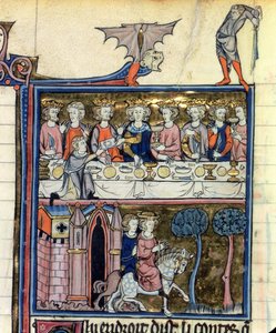 السيدة 95 ص 326 الملك آرثر وفرسانه حول الطاولة ، من هيستوار دي ميرلين ، c.1280-90 بواسطة المدرسة الفرنسية