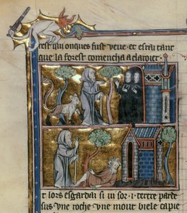السيدة Fr 95 f.4v Hermit and beast، from lHistoire du Saint Graal، c.1280-90 بواسطة المدرسة الفرنسية